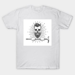 Human Skull with mustache and beard holds walking stick. T-Shirt